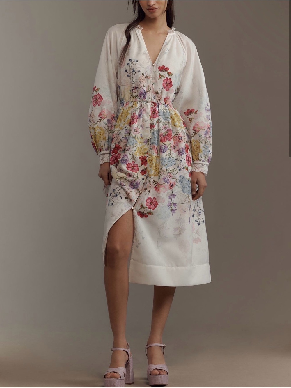 Anthropologie White Floral V-Neck Midi Dress with Puff Sleeves